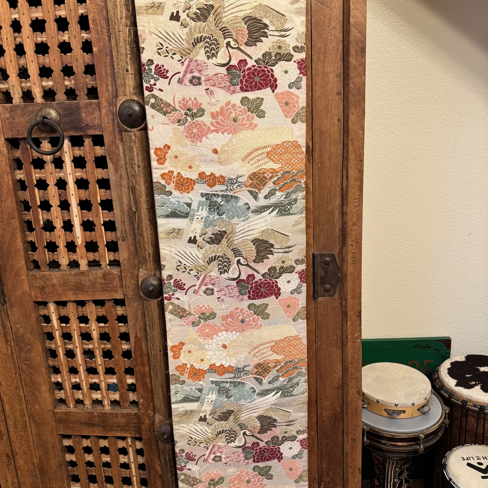 Silk Vintage Japanese Kimono Maru Obi Crane Birds Kiku